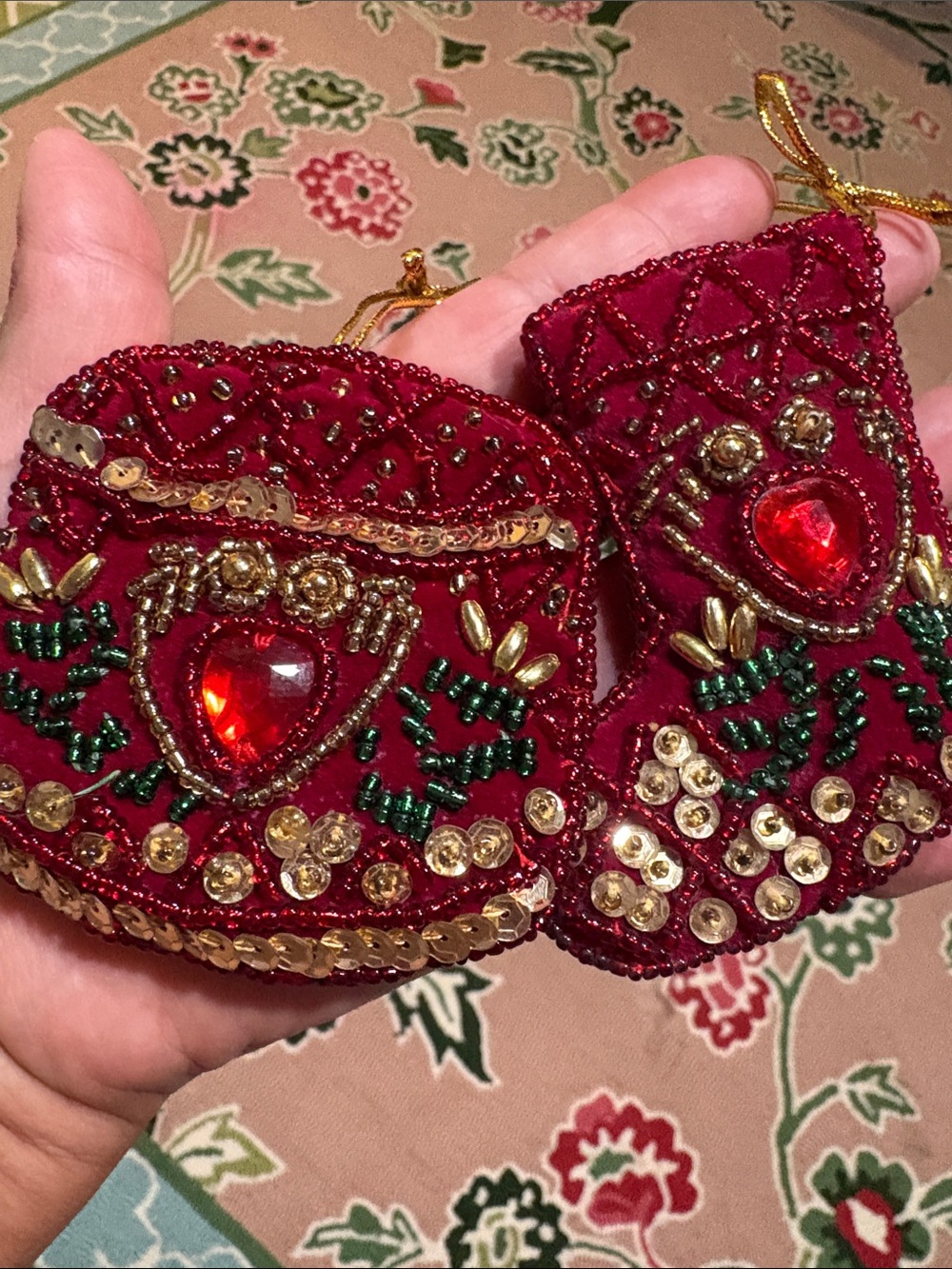 Vintage Beaded Christmas Stocking Ornament set of 2